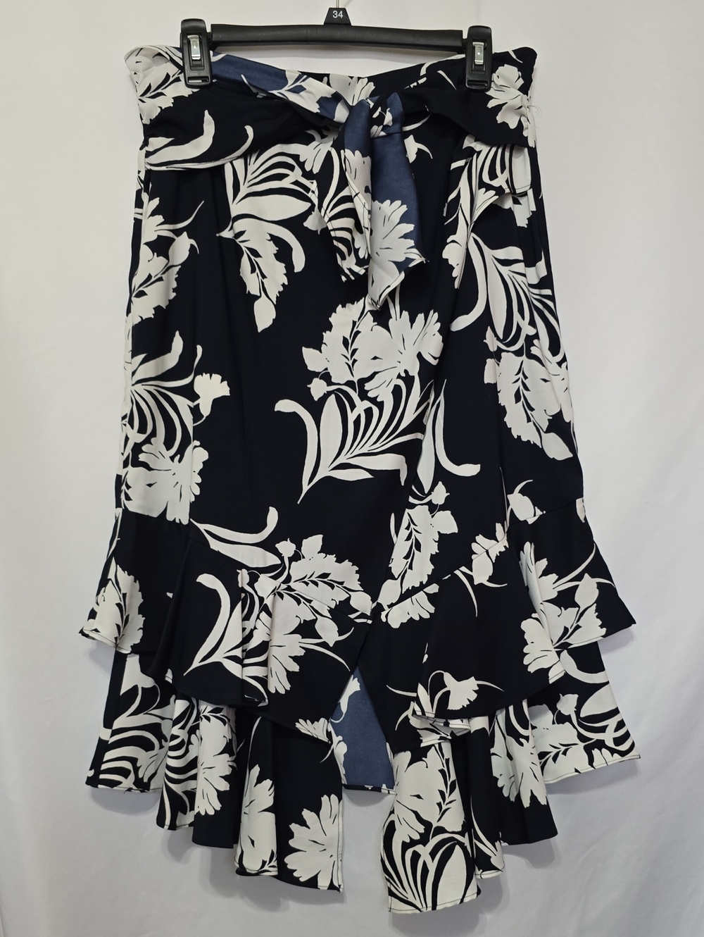 Worthington Navy White Tropical Floral Ruffle High-Low Faux Wrap Skirt Belted